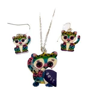 VTG Rainbow Enameled Cheetah Pendant And Earrings/Unbranded Silver-Tone Necklace